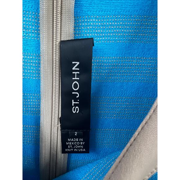 St. John Dress Blue Tan Striped Sleeveless Crewneck A-Line Fit & Flare Wool Knit - Picture 3 of 6